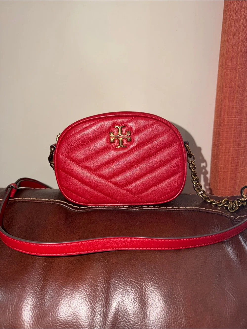 ‼️Tory Burch Kira Chevron Red Leather Camera Crossbody Bag